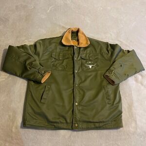 Mens Olive Green Sherpa Lined Western‎ Style Jacket Size M Bull Skull Graphic